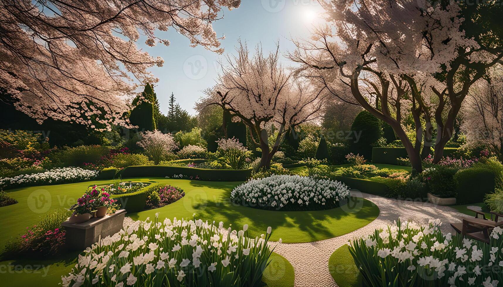 Serene Garden with Blossoming Trees photo