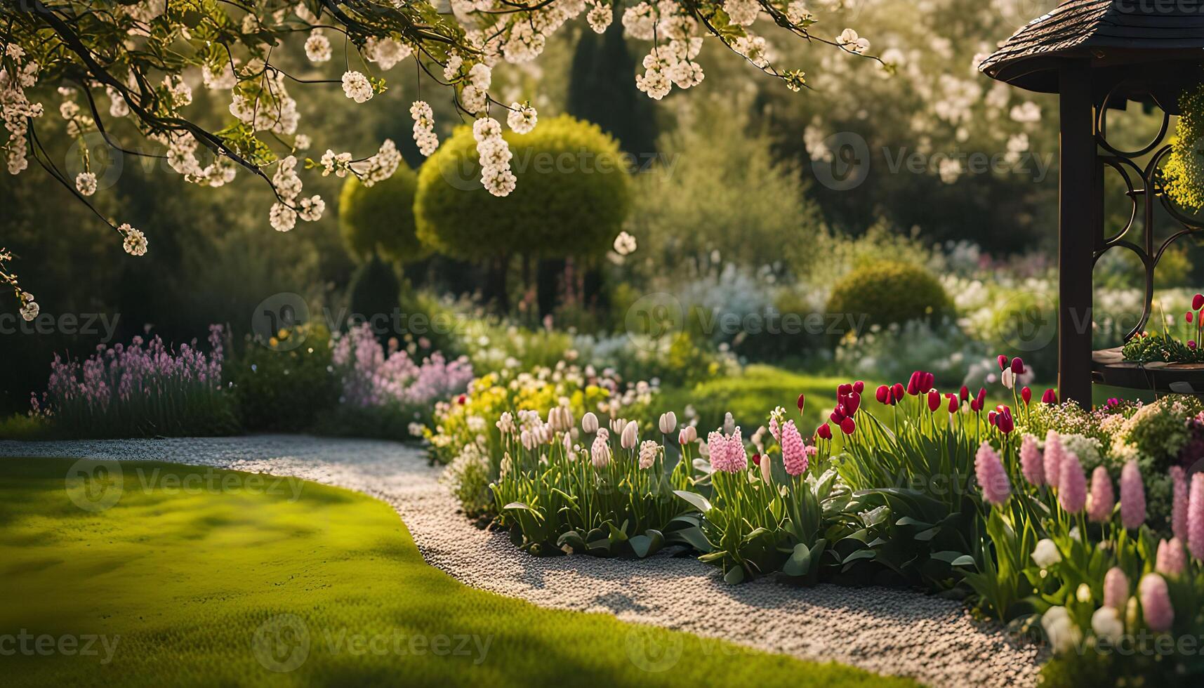 Serene Garden Pathway with Blooming Flowers photo