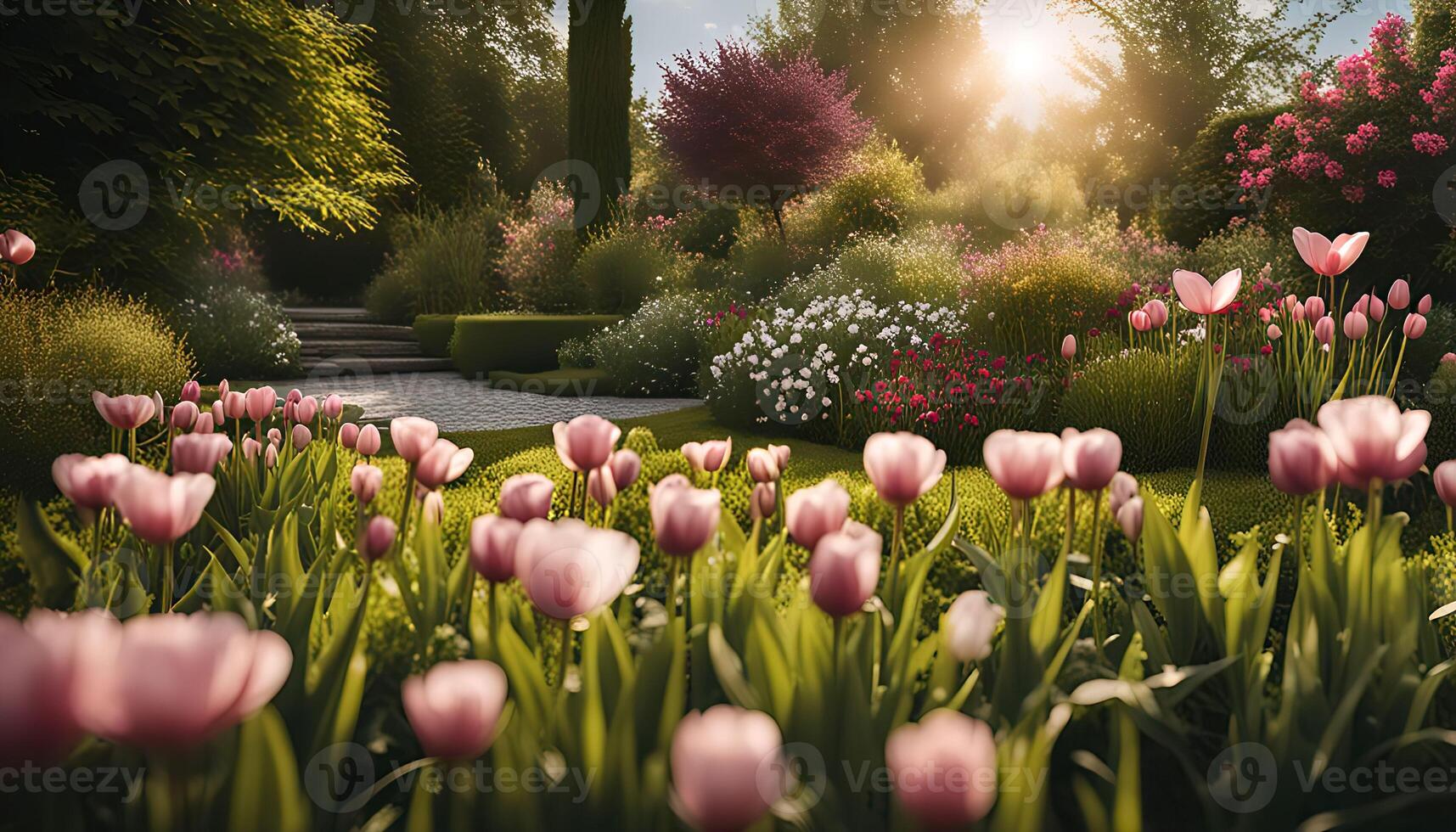 Sunlit Garden with Blooming Tulips photo