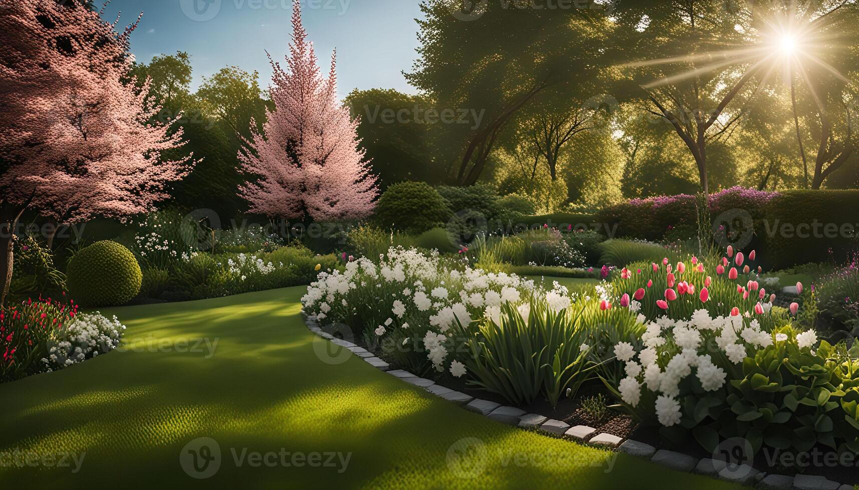 Sunlit Garden with Blooming Flowers photo