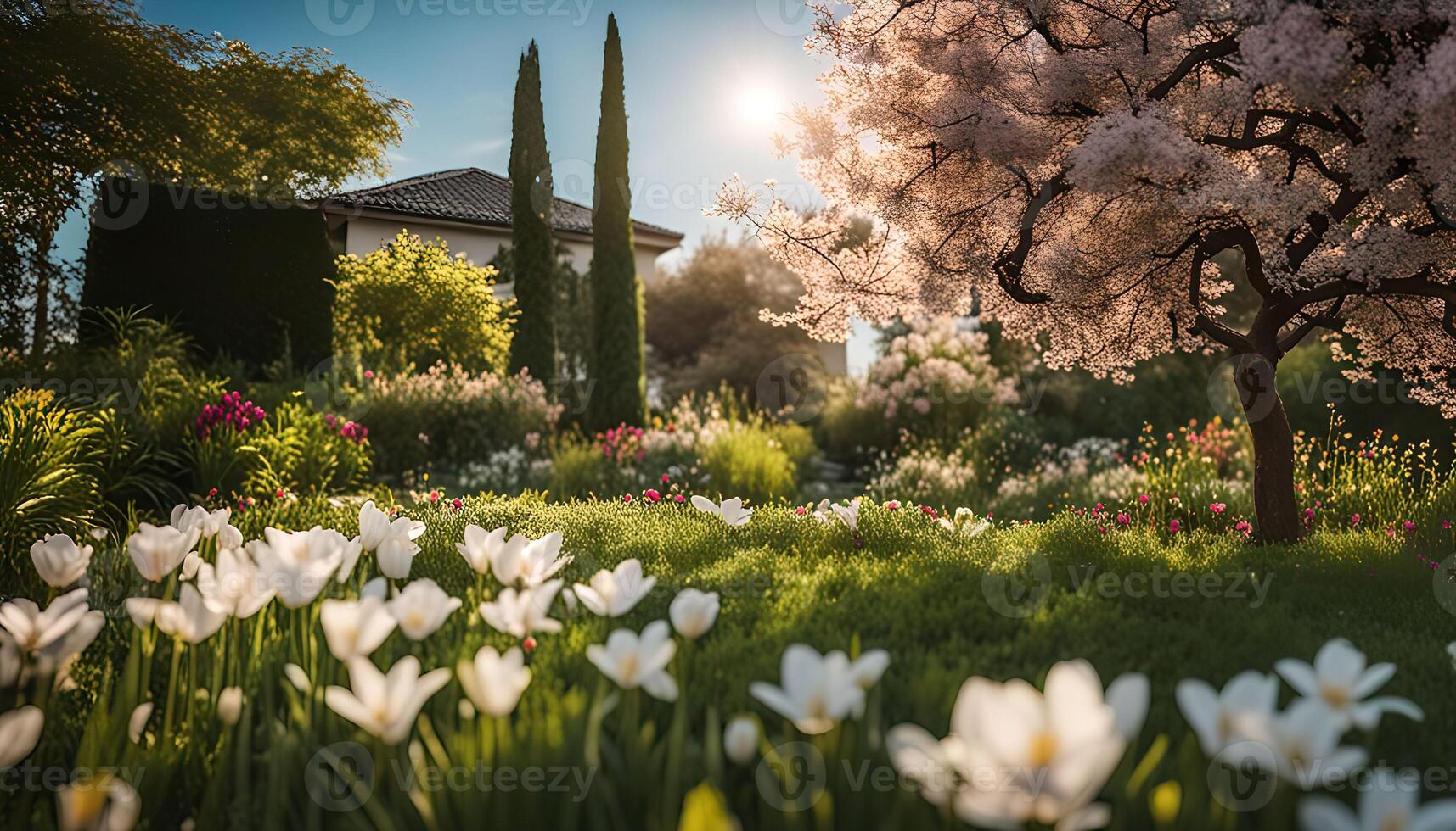 Sunlit Garden with White Flowers and a Blooming Tree photo