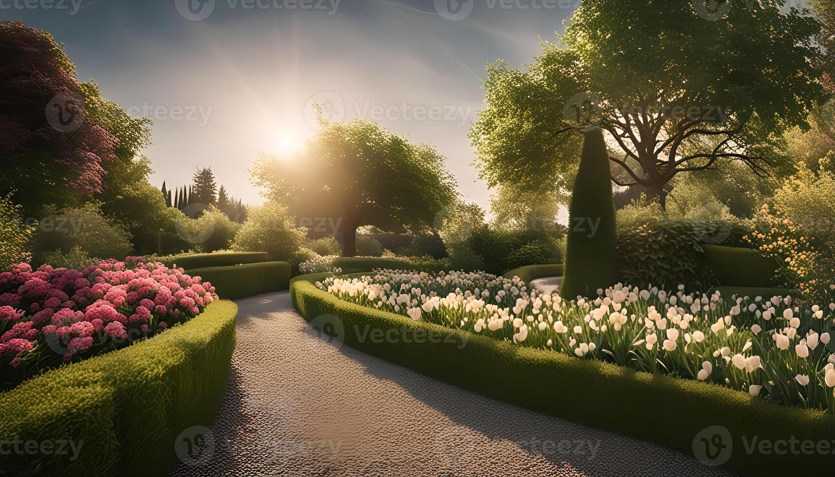 Serene Garden Pathway at Sunset photo