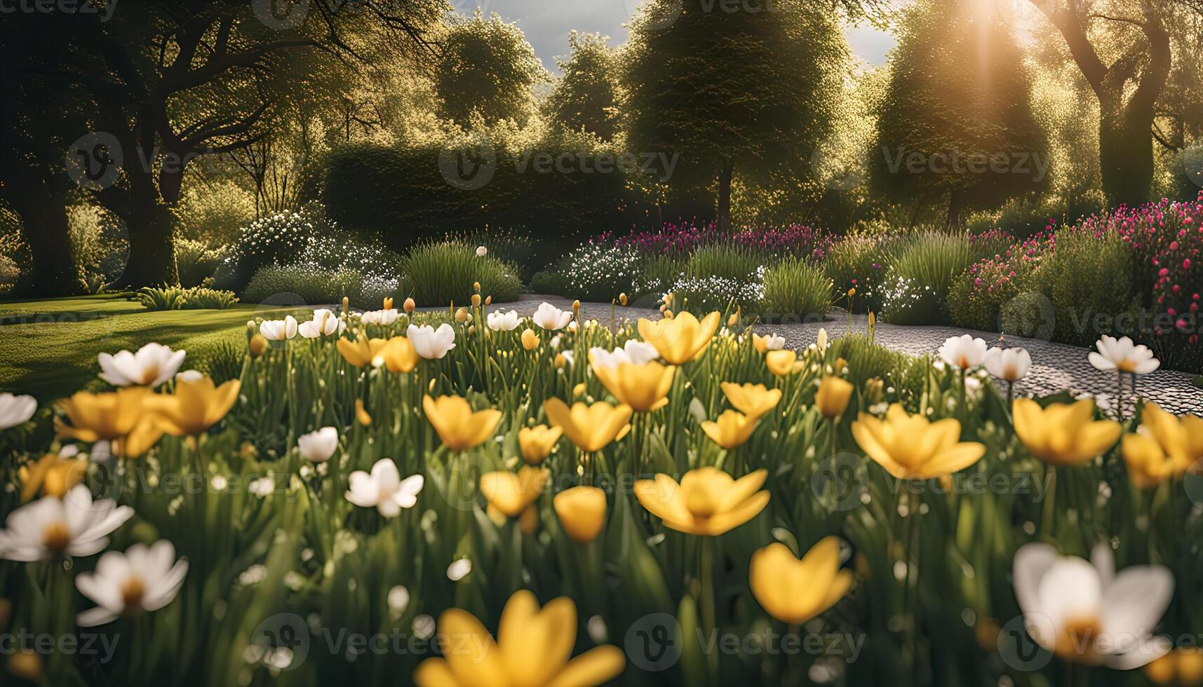 Sunny Garden Path with Yellow Flowers photo