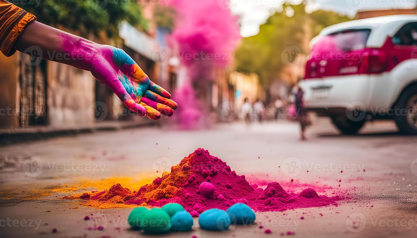 Hand Covered in Colorful Powder During Holi Festival photo