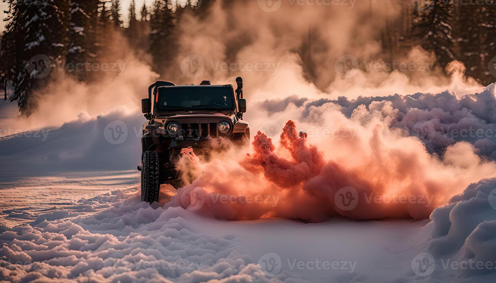 Jeep driving through snow with a smoke cloud photo