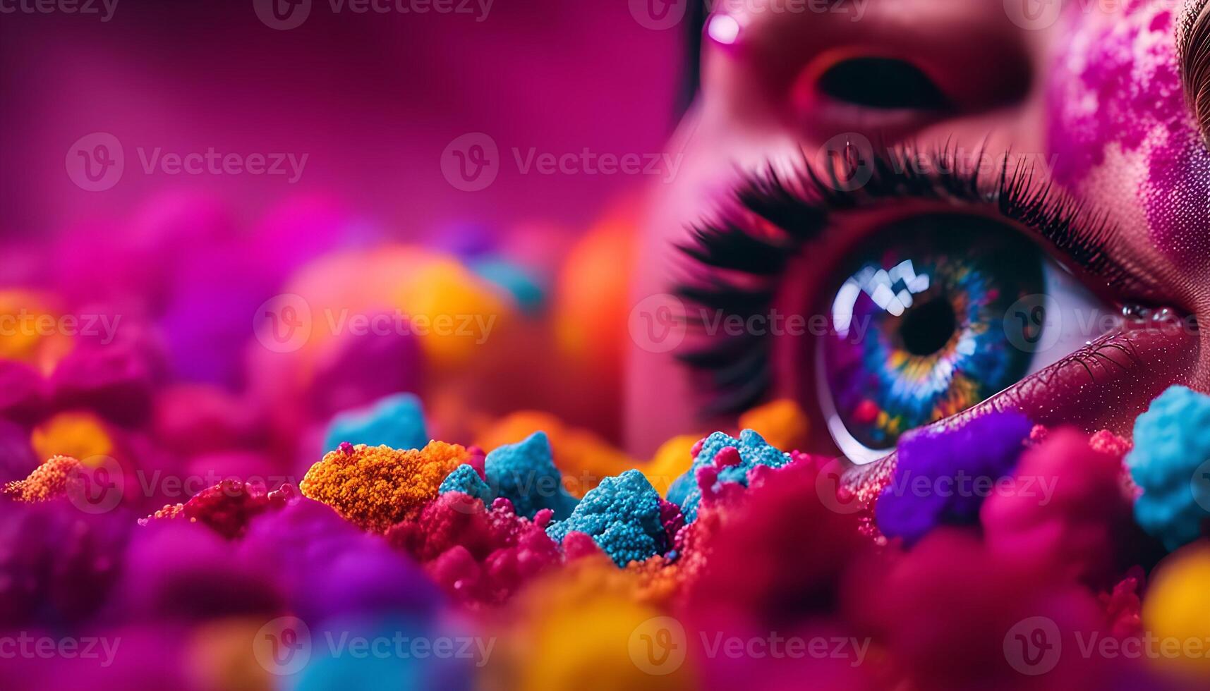 Colorful Eye, Close-up of a Woman's Eye with Colorful Makeup and a Rainbow Contact Lens photo