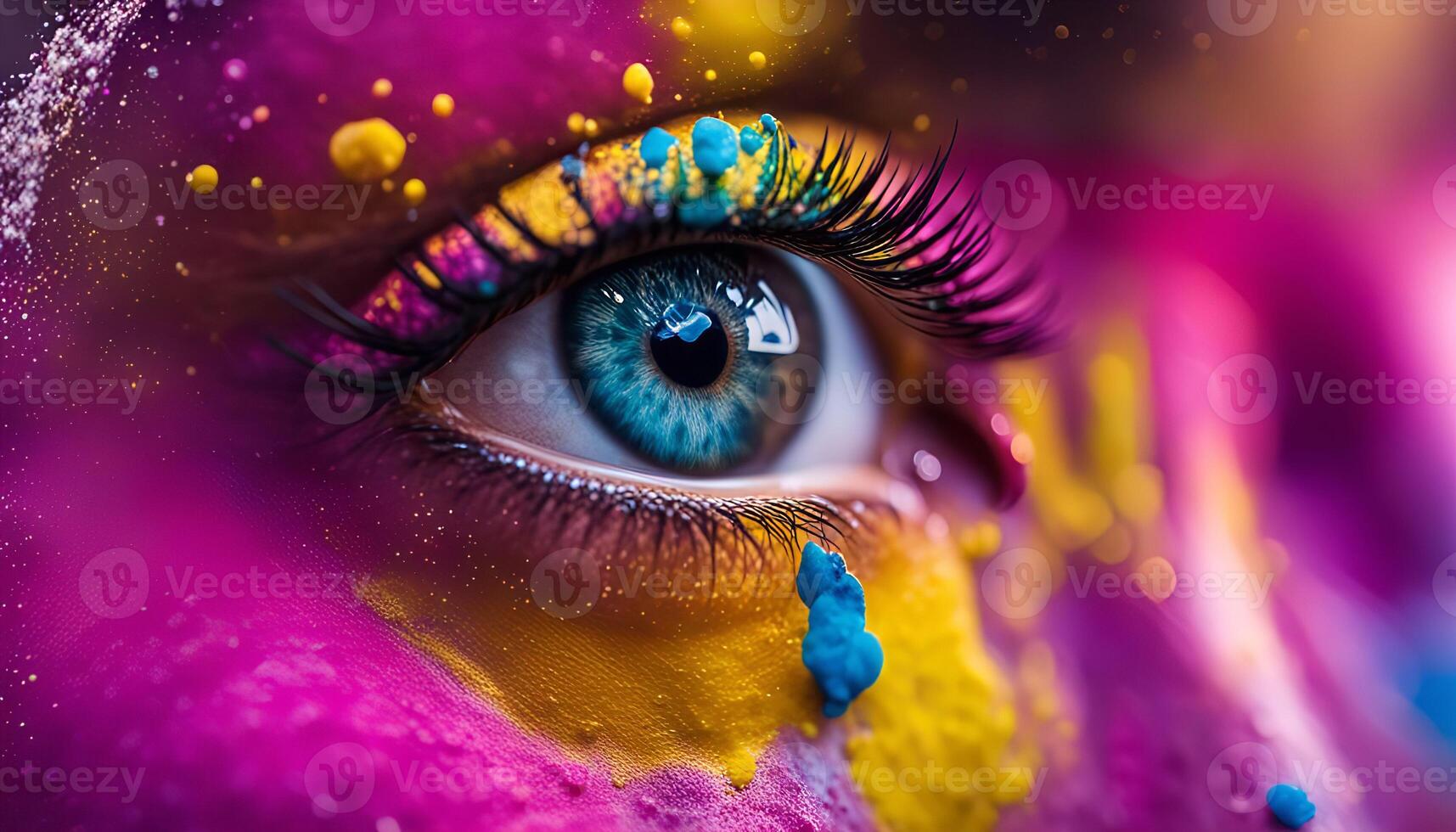 Close-up of an eye with colorful paint splatters photo