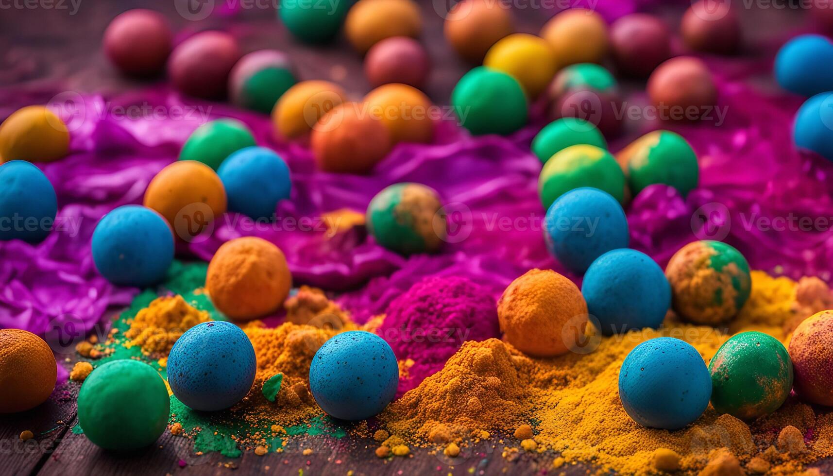 Colorful Holi Balls on a Wooden Table photo
