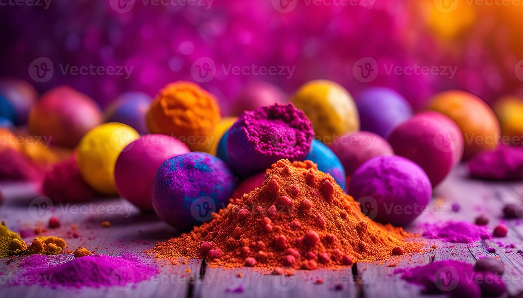 Colorful Powdered Eggs on Wooden Surface photo