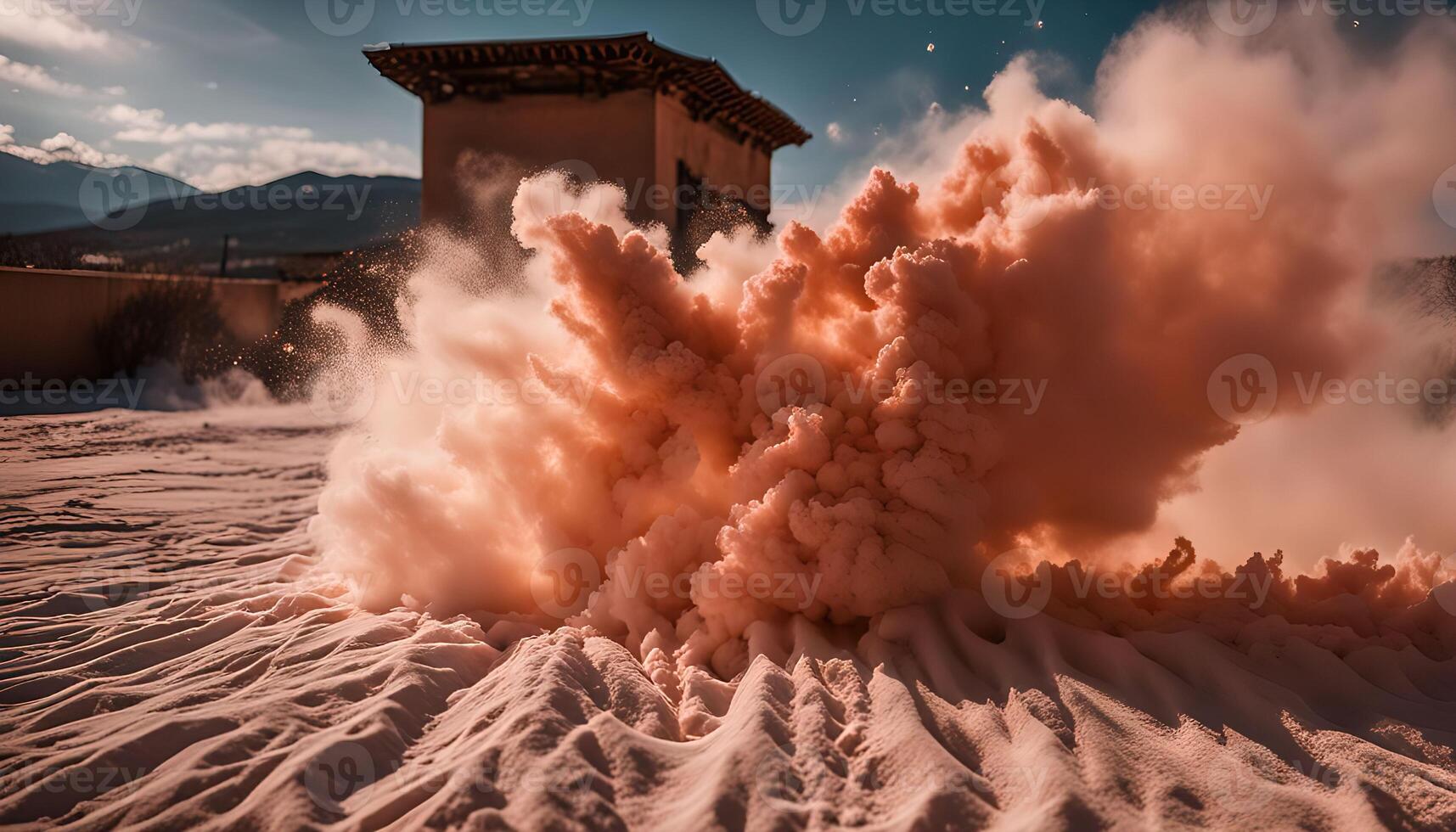 Pink Smoke Explosion in Snowy Landscape photo