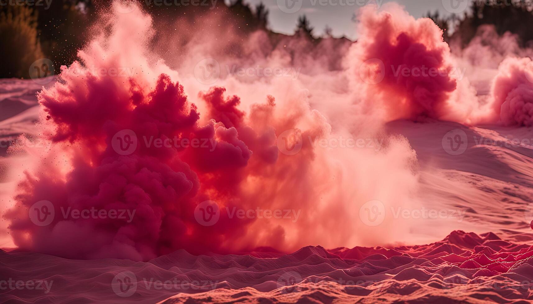 Pink Smoke Explosions in a Snowy Landscape photo