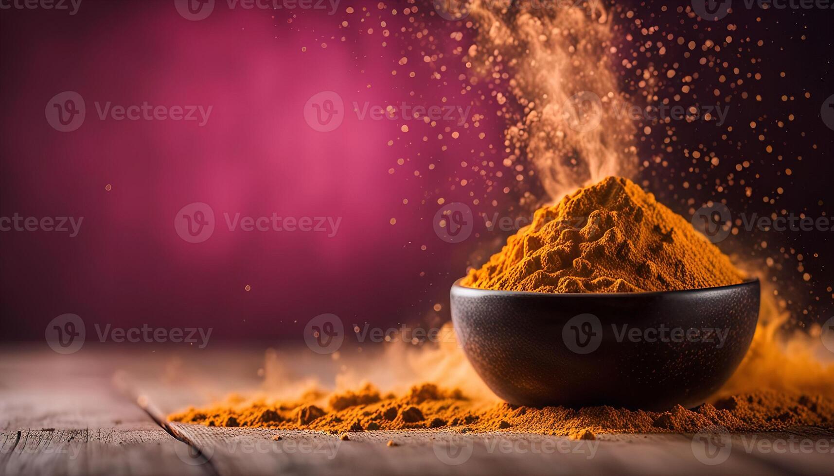 Turmeric Powder in Bowl with Smoke and Pink Background photo
