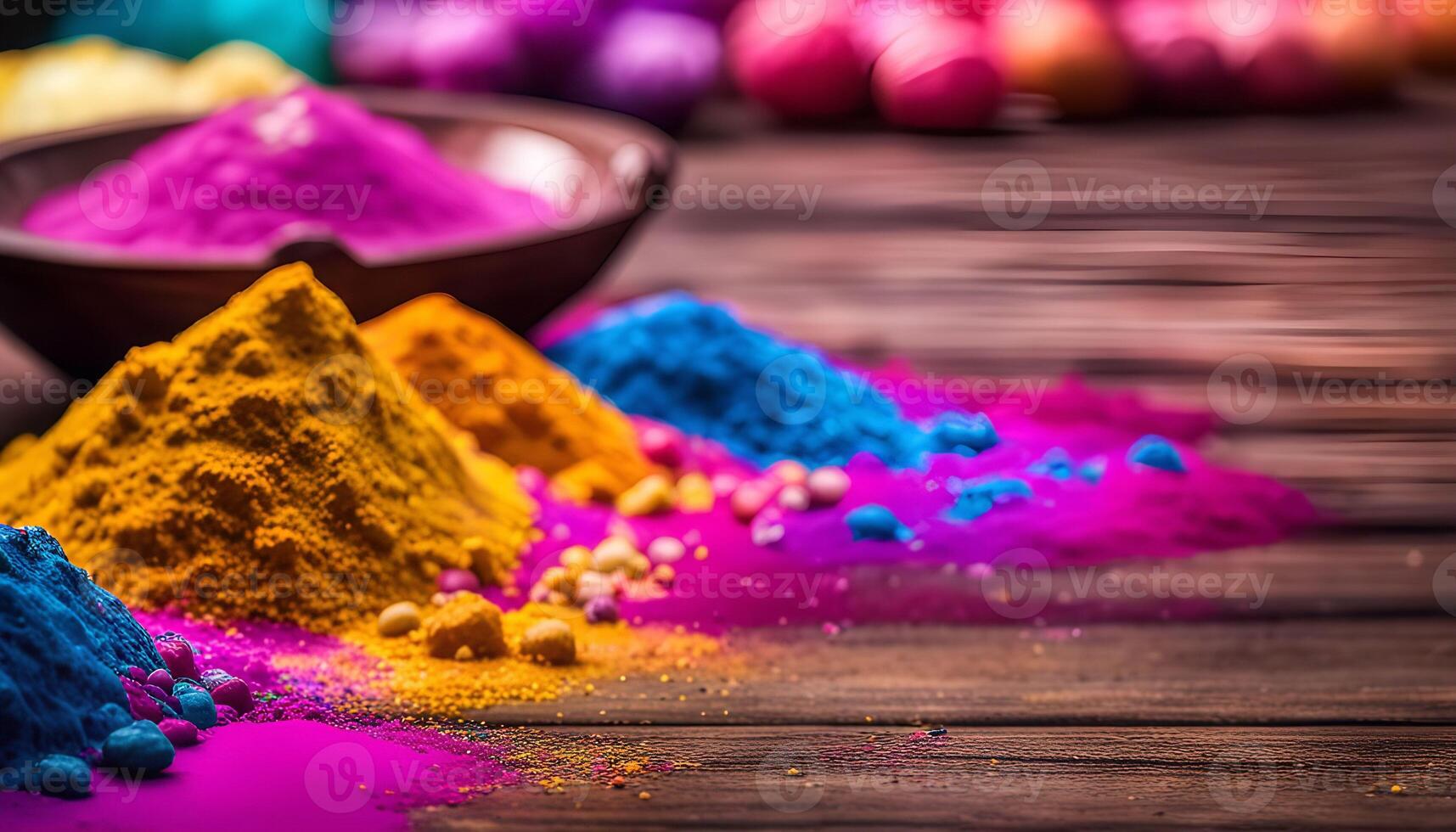 Colorful Holi Powder on Wooden Surface photo