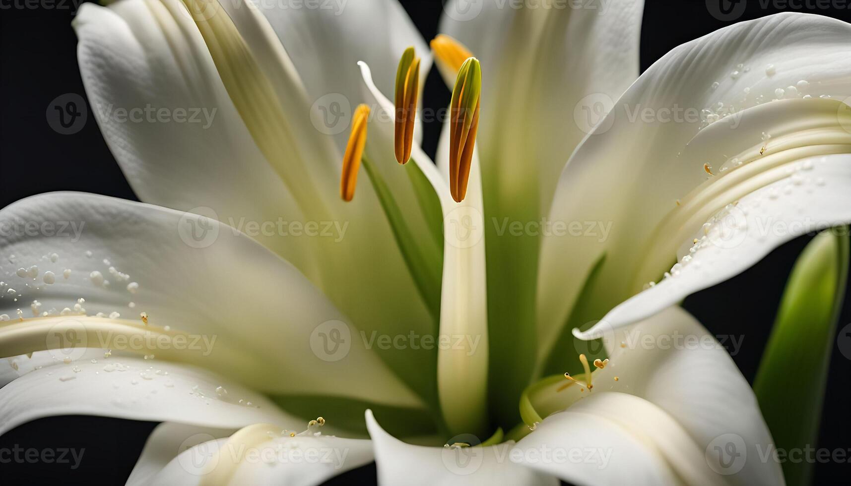 Close-up of a White Lily Flower with Dew Drops photo