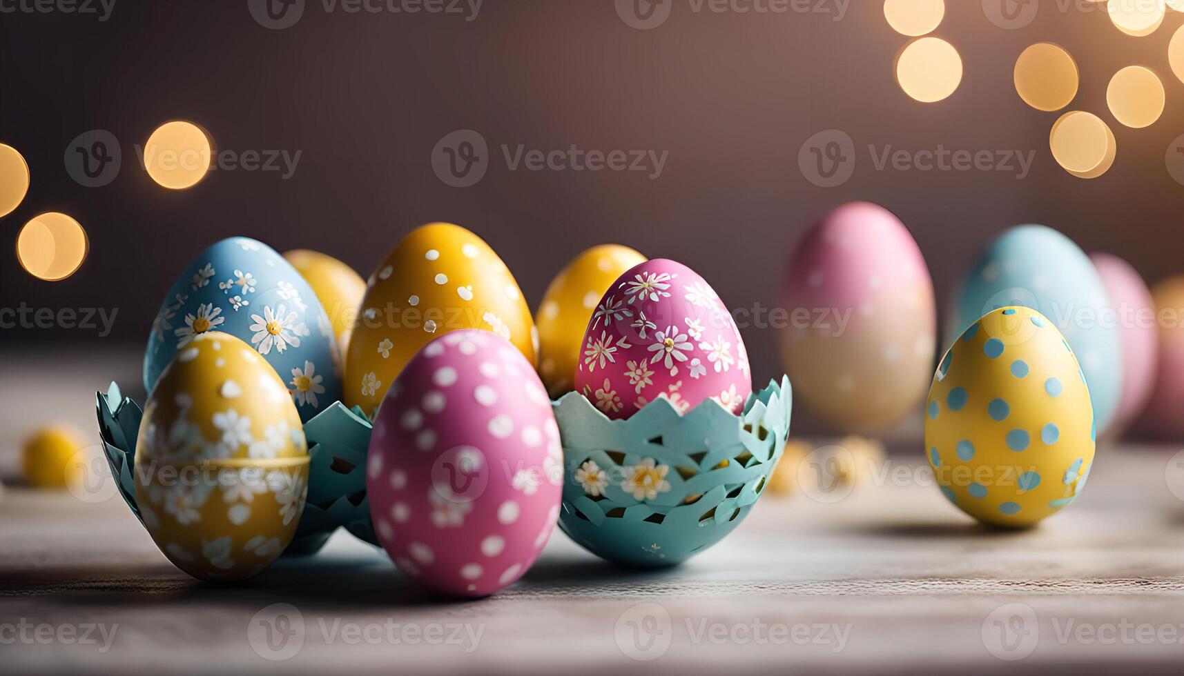 Easter Eggs in a Nest with Bokeh Lights photo