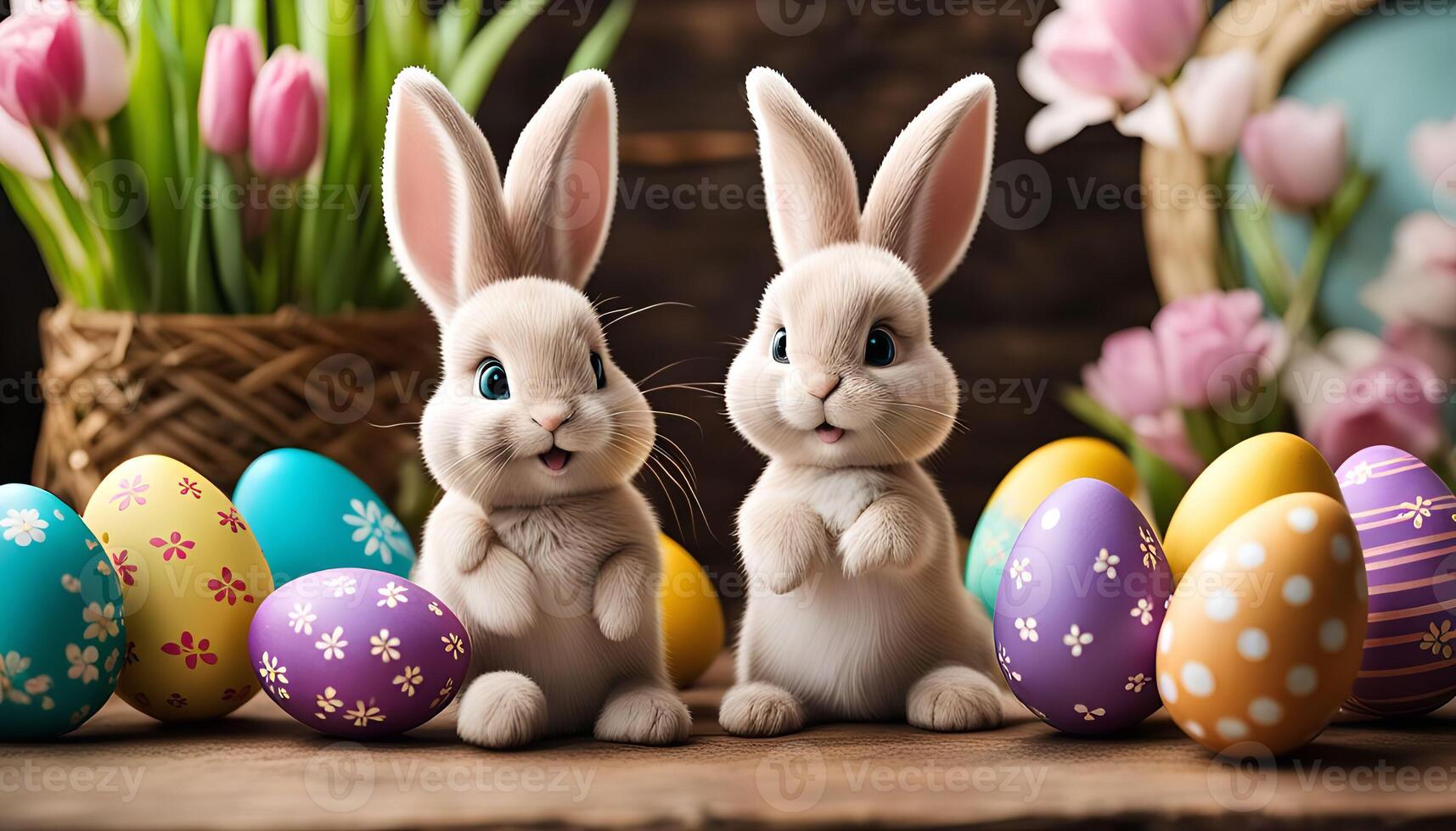 Adorable Easter Bunnies with Decorated Eggs photo