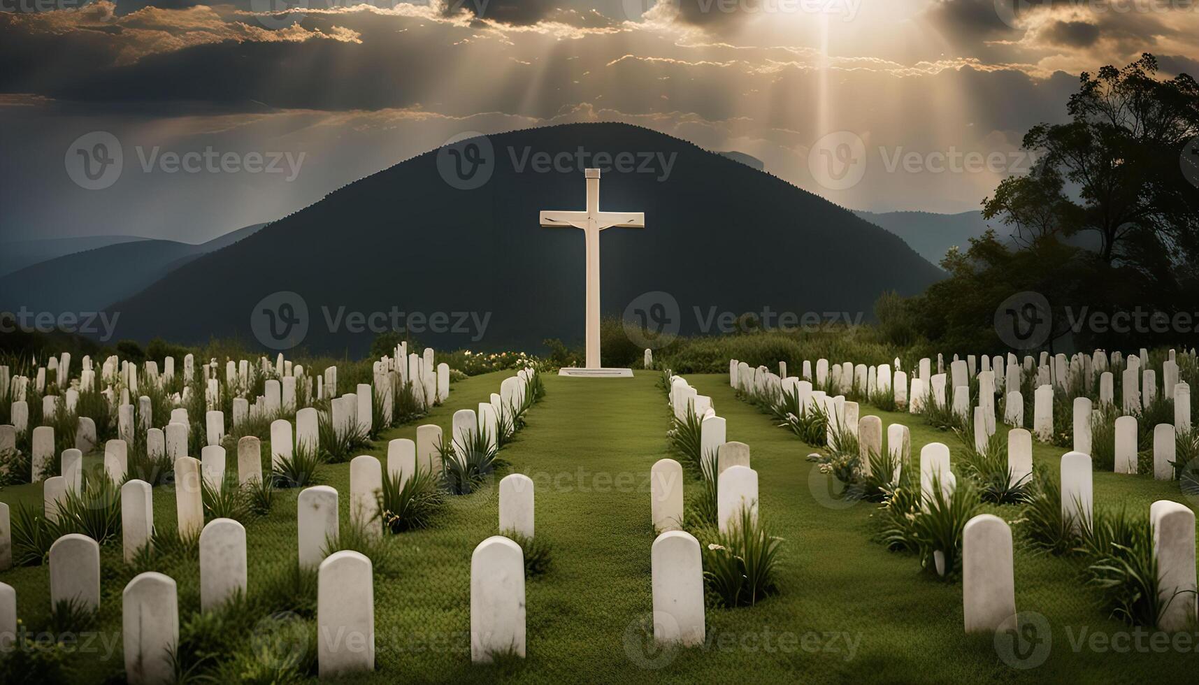 A Cross and Tombstones in a Mountain Cemetery photo