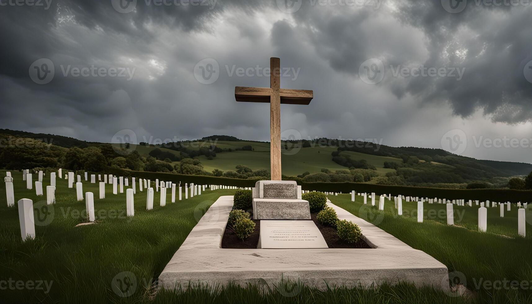 Wooden Cross Overlooking a Military Cemetery photo