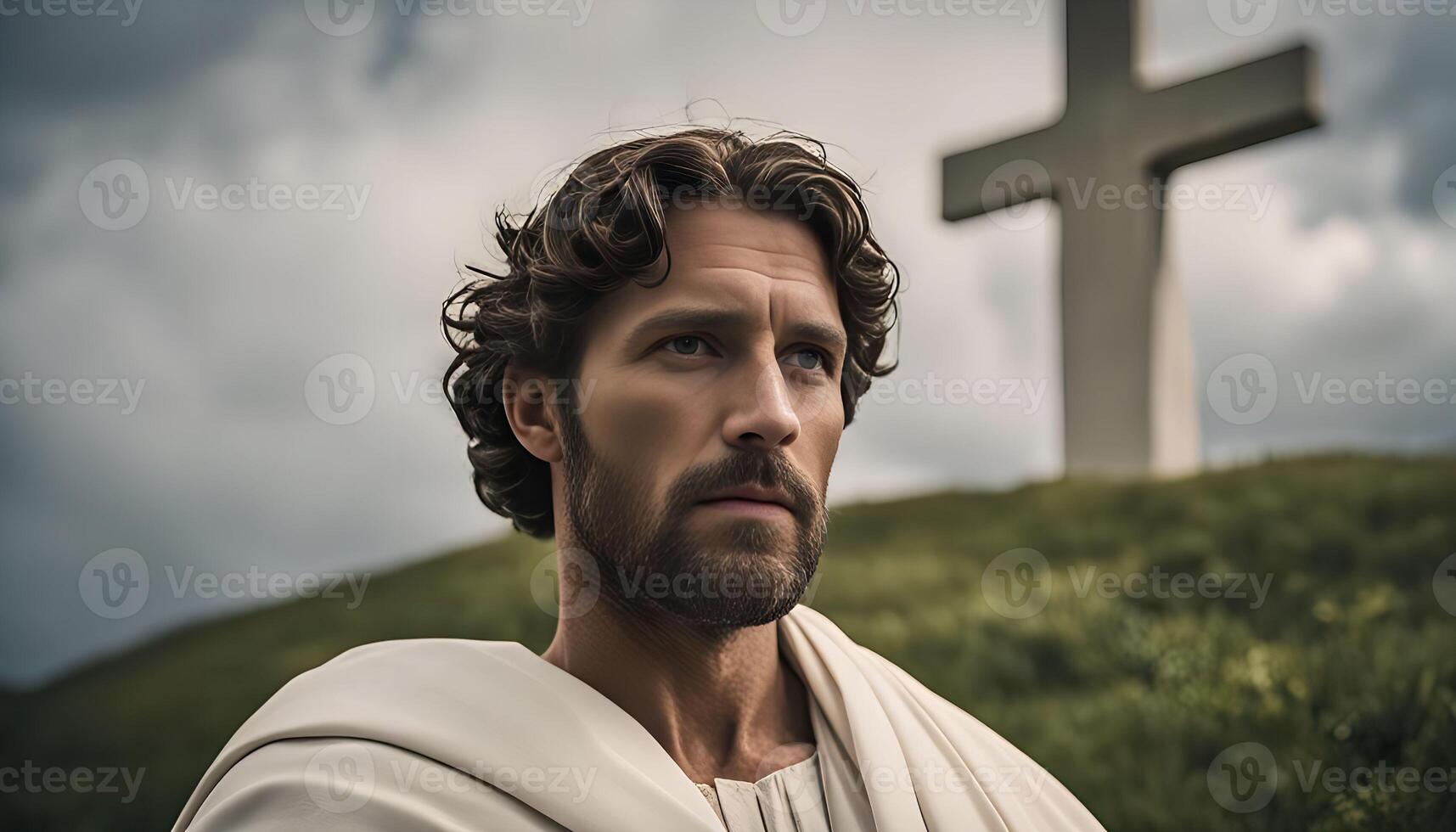 Man Looking Towards a Cross on a Hill photo