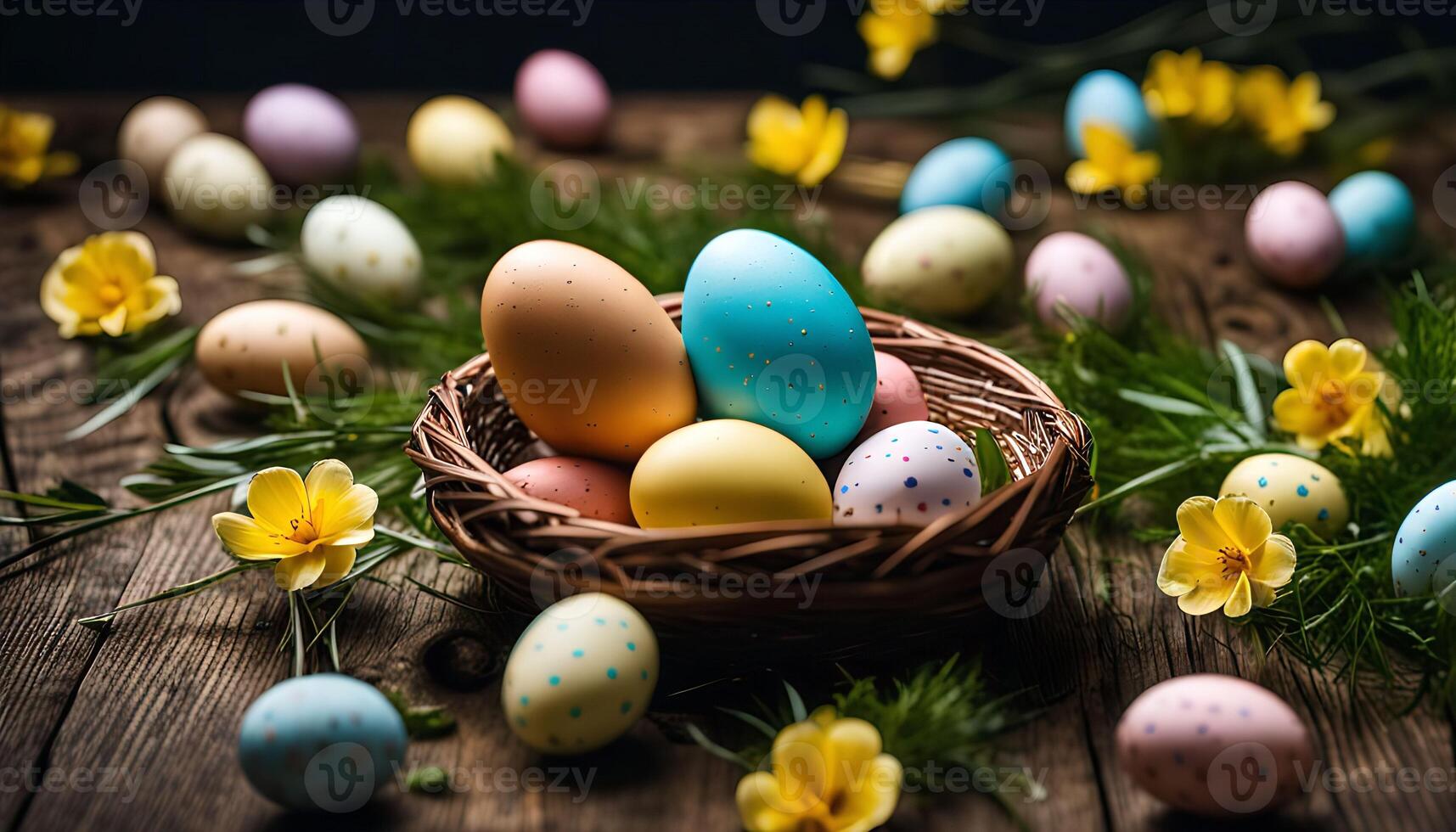 Colorful Easter Eggs in a Nest on Wooden Background photo