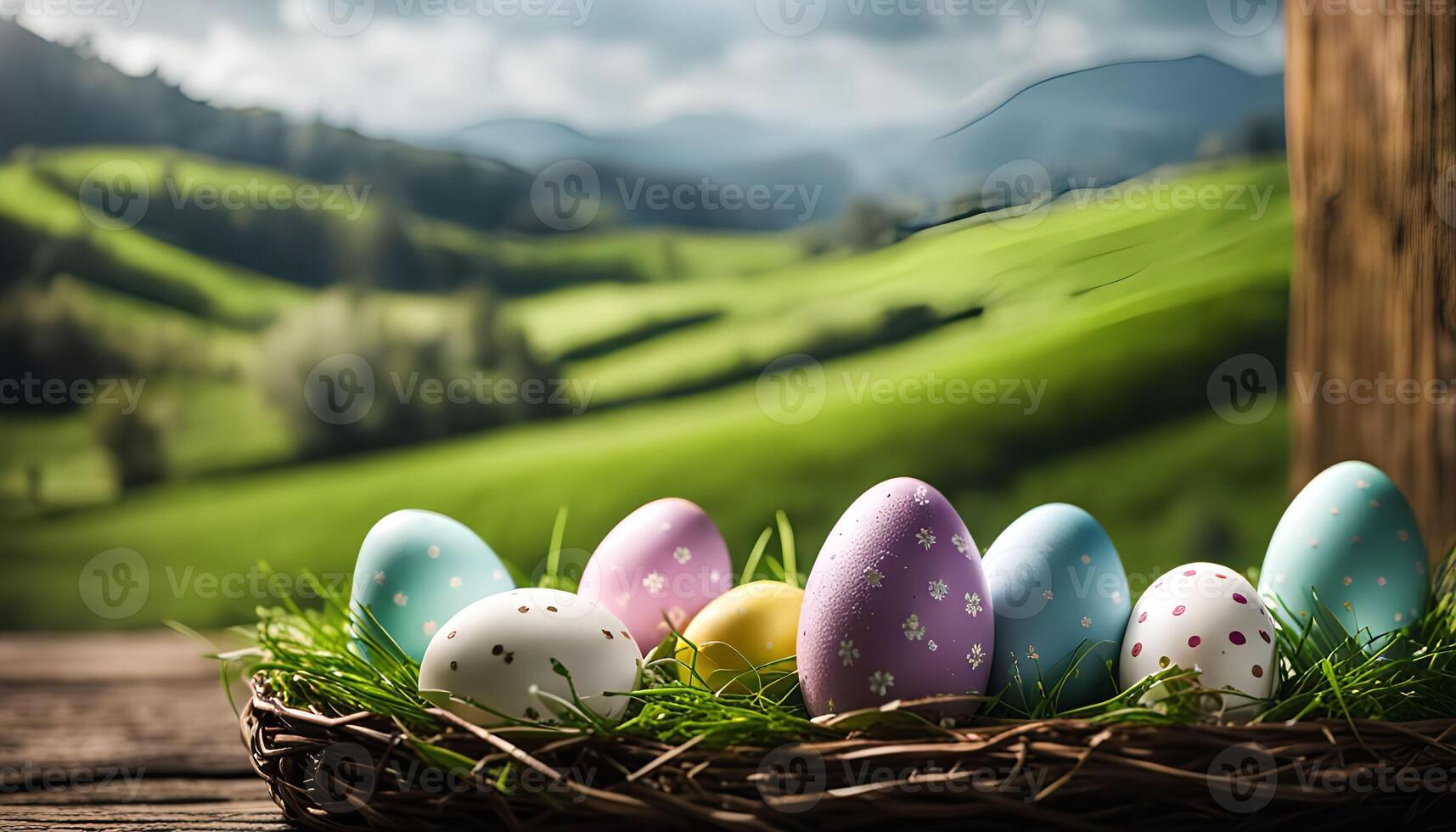 Easter Eggs in a Nest with a Mountain View photo