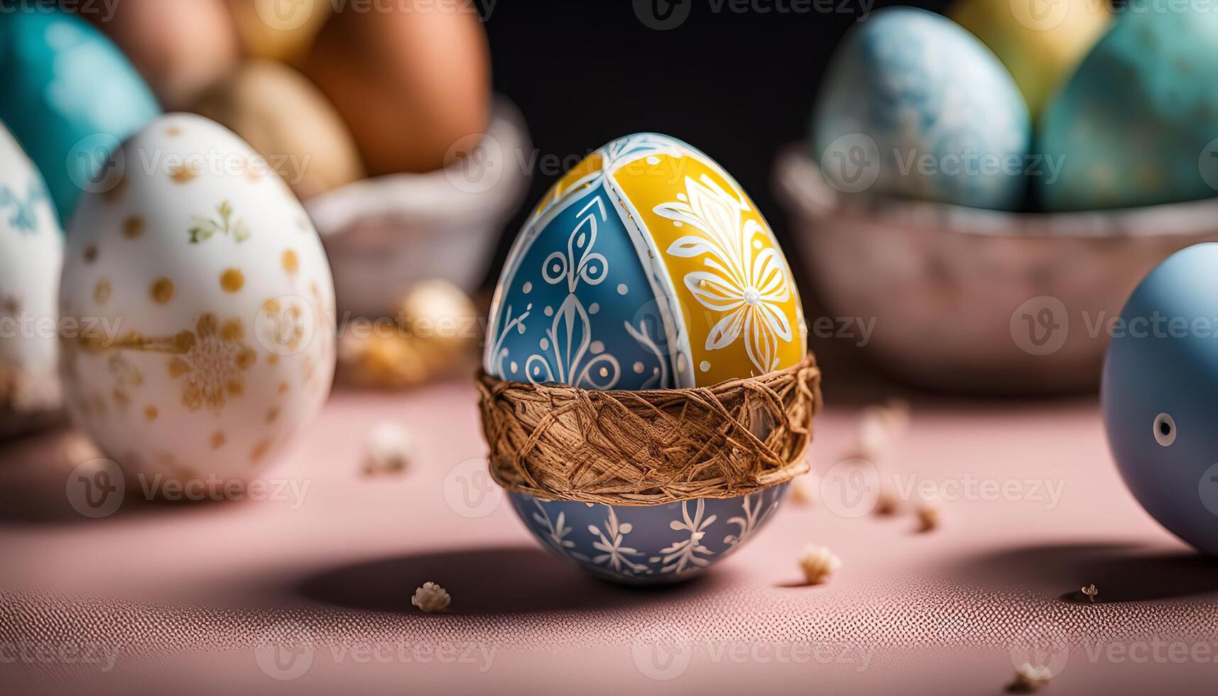 Decorative Easter Eggs on Pink Background photo