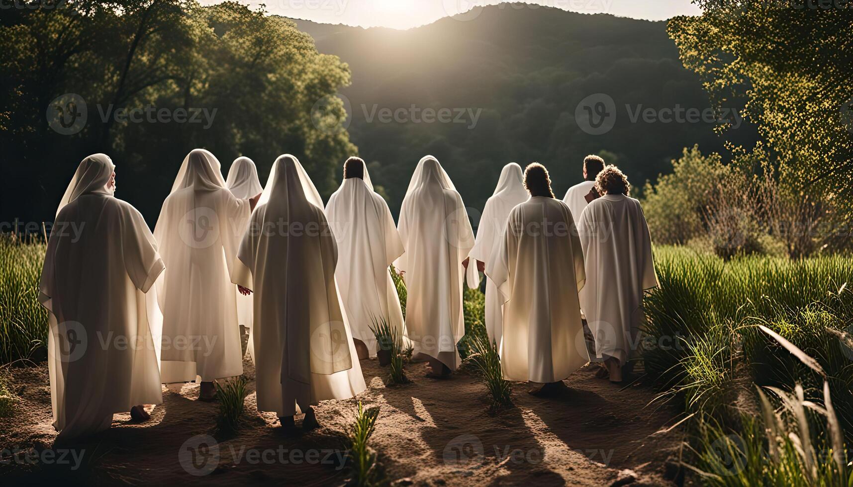 A Group of People Walking Through a Field photo