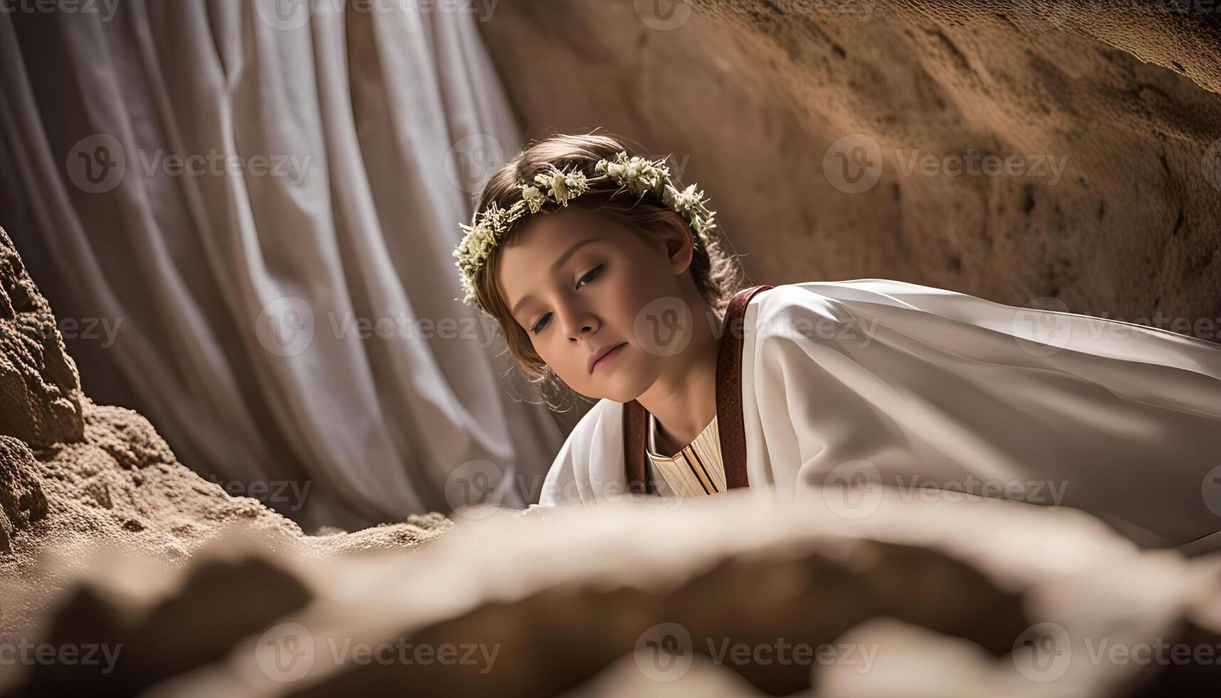 Young Girl in Cave with Flower Crown photo