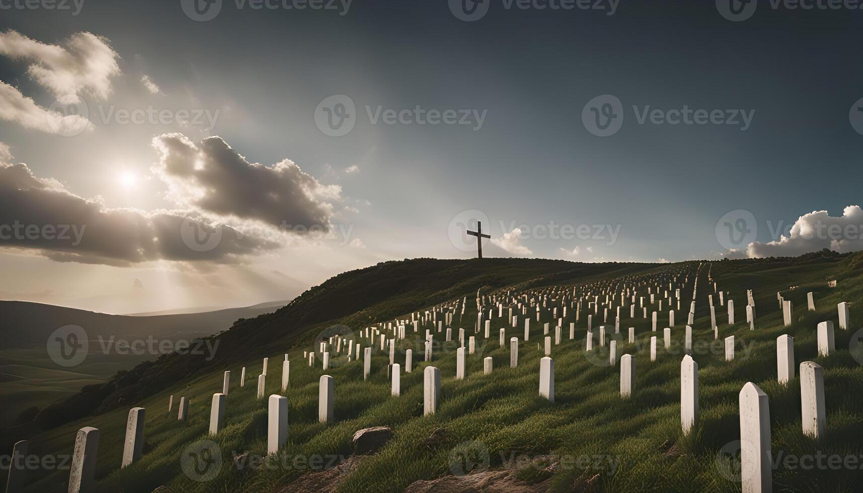 A Cemetery on a Hillside with a Cross photo