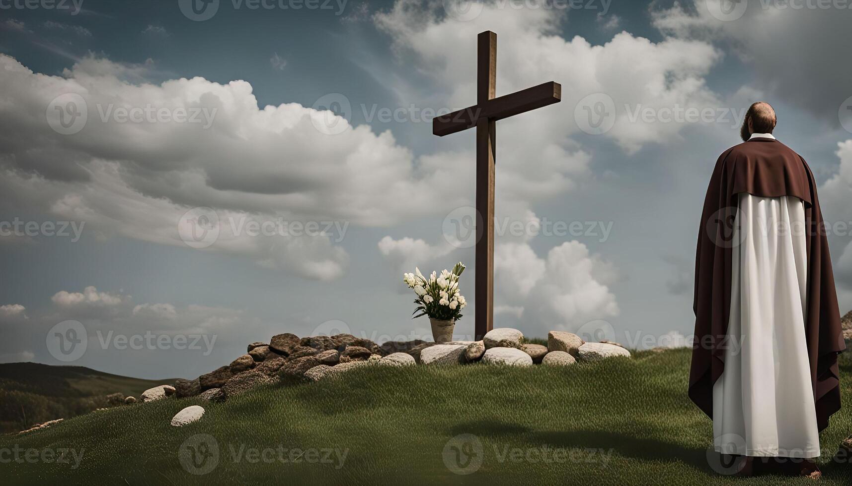 Monk Standing by a Cross photo