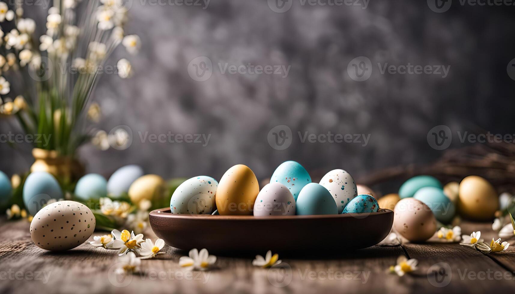 Colorful Easter Eggs in a Wooden Bowl on a Rustic Table photo