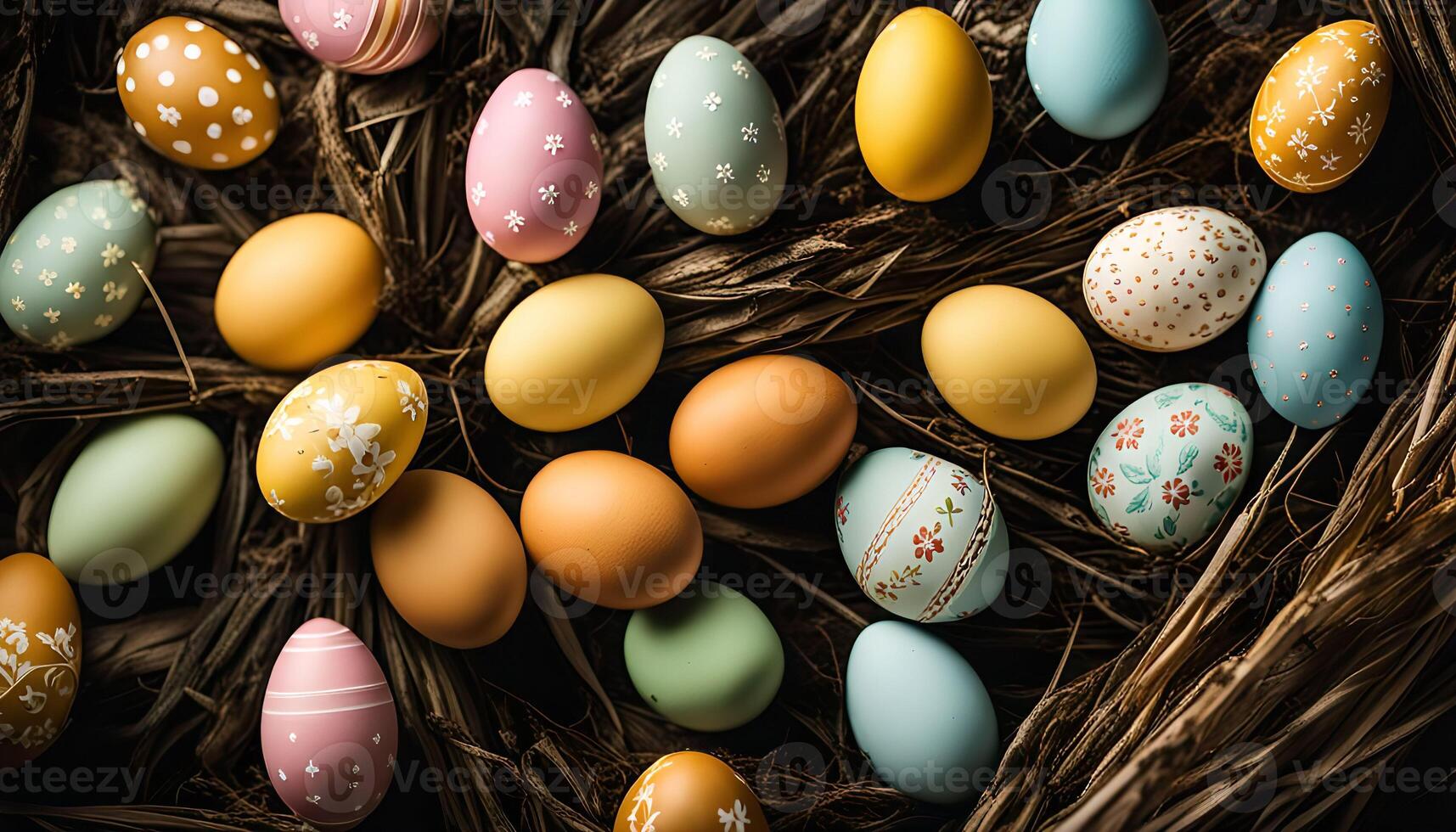 Easter Eggs Nestled in a Dried Palm Leaf Nest photo