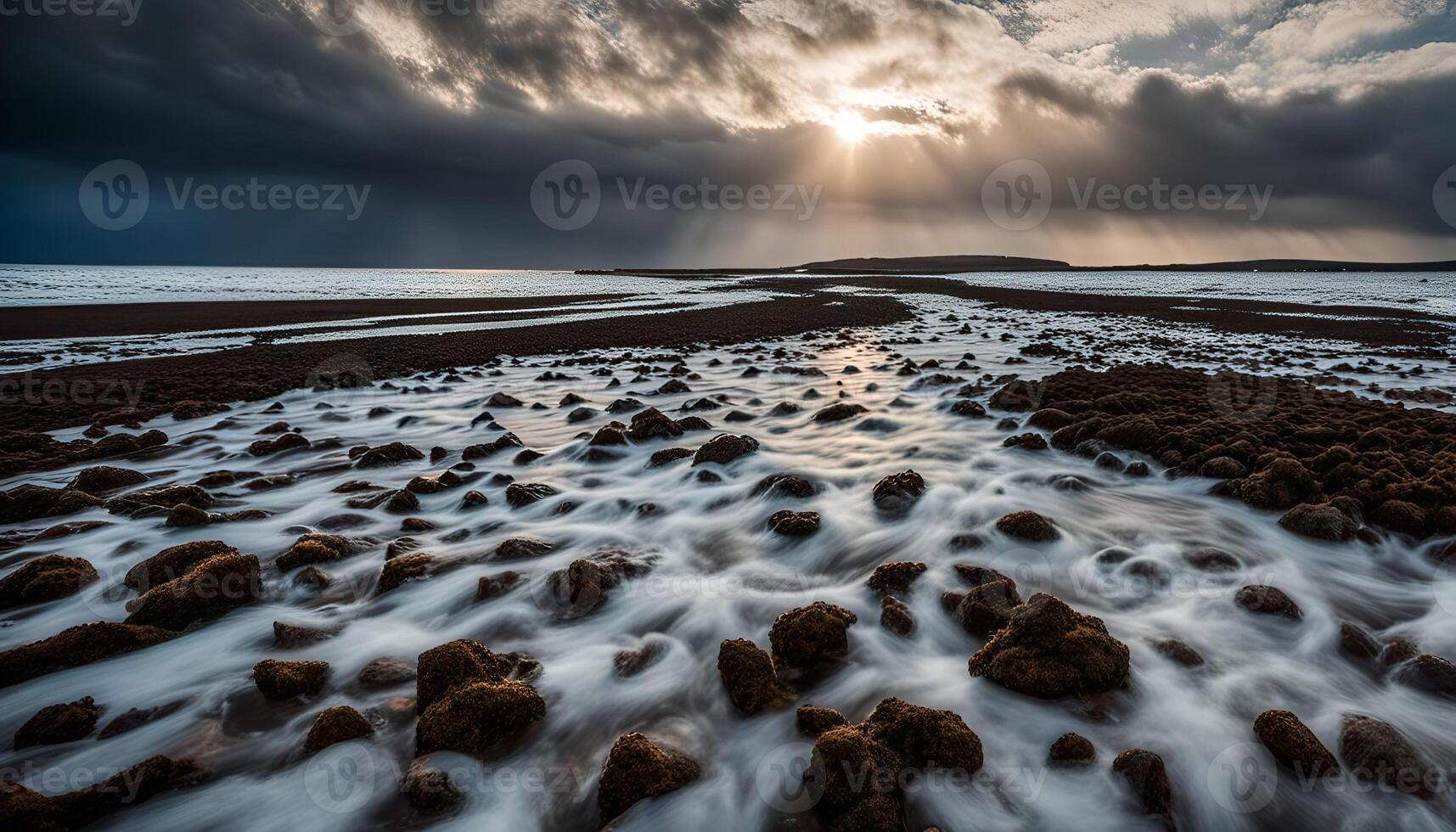 Long Exposure Seascape with Rocks and Dramatic Sky photo