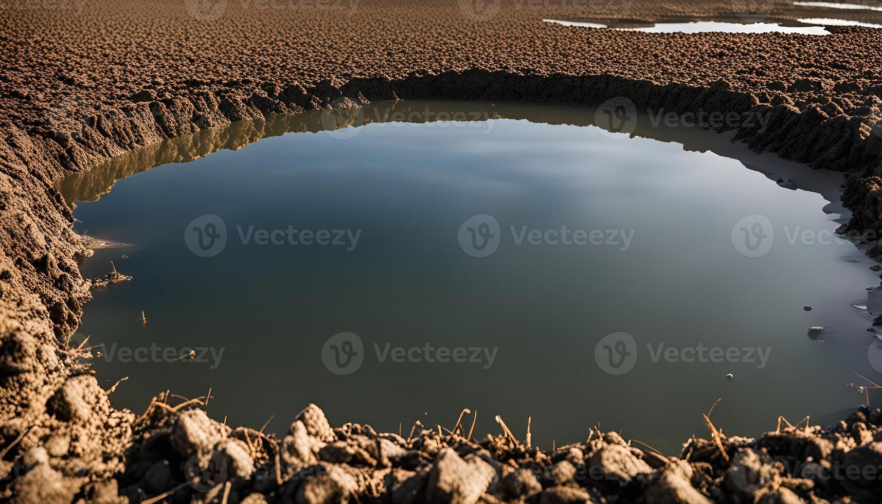 A small pond in a brown field photo
