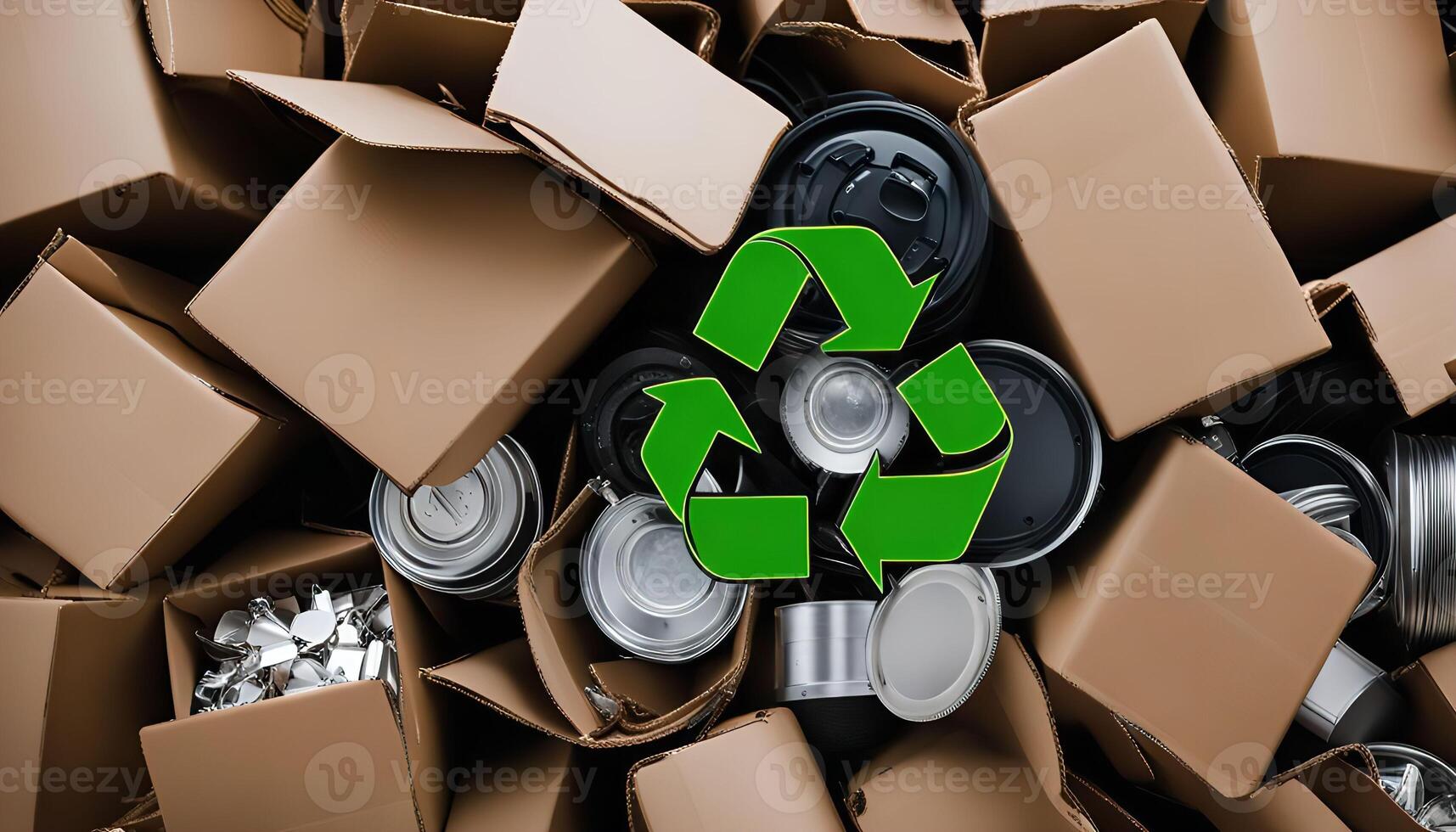Recycle Symbol Over Cardboard Boxes Cans photo