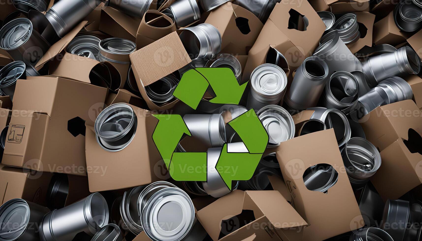 Recycle symbol on a pile of aluminum cans and cardboard boxes photo