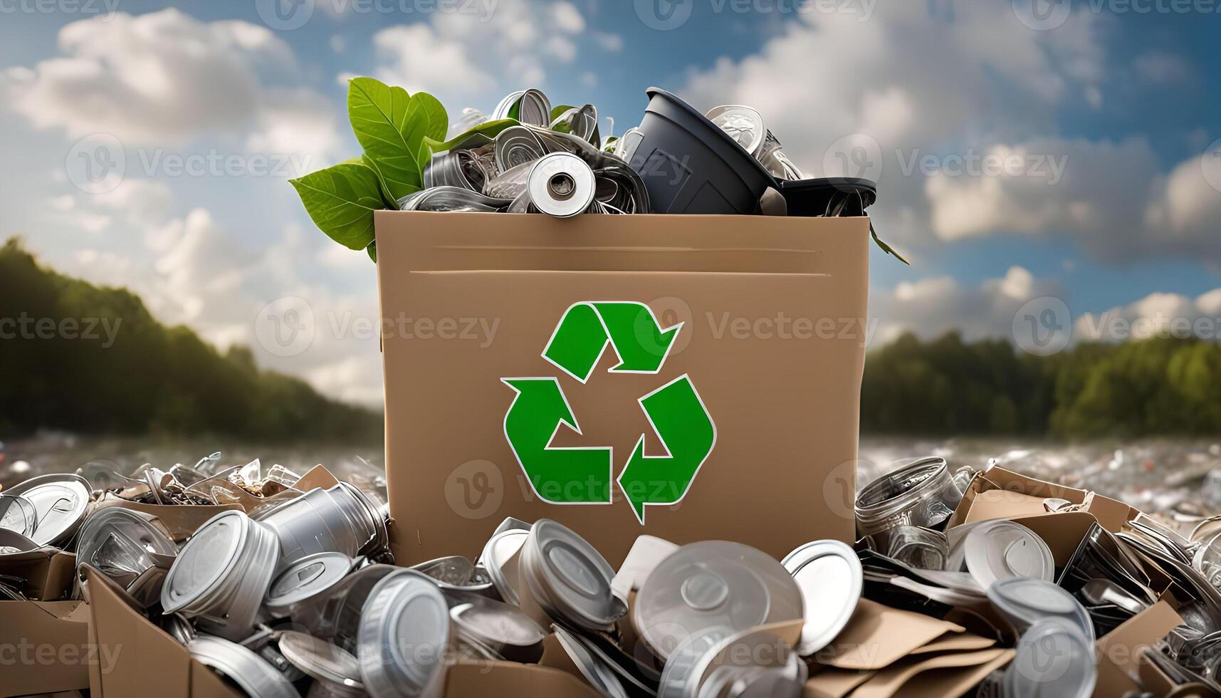 Recycle Bin with Recycling Symbol on Pile of Aluminum Cans and Cardboard photo