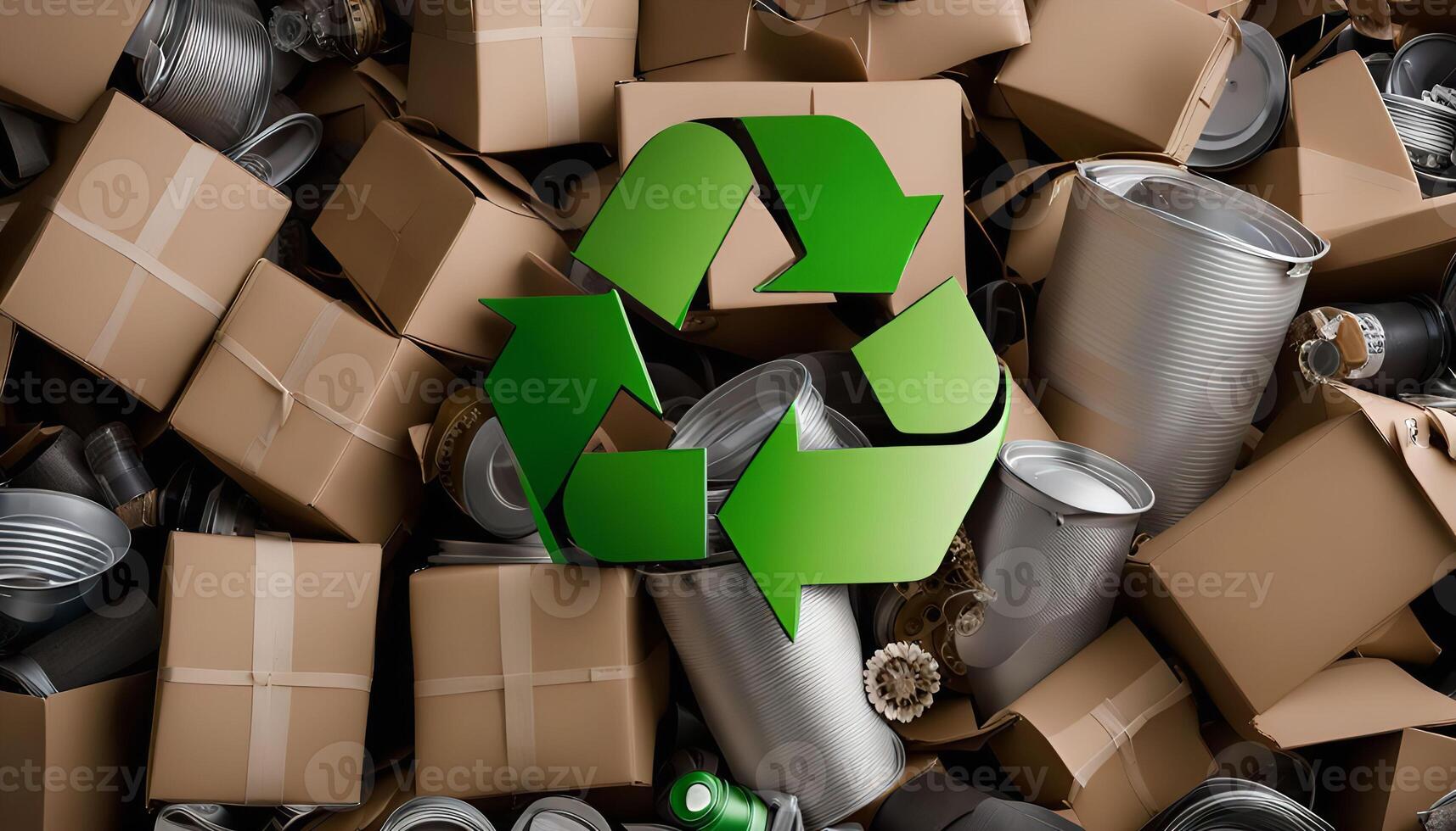 Recycling Symbol on a Pile of Cardboard Boxes and Cans photo