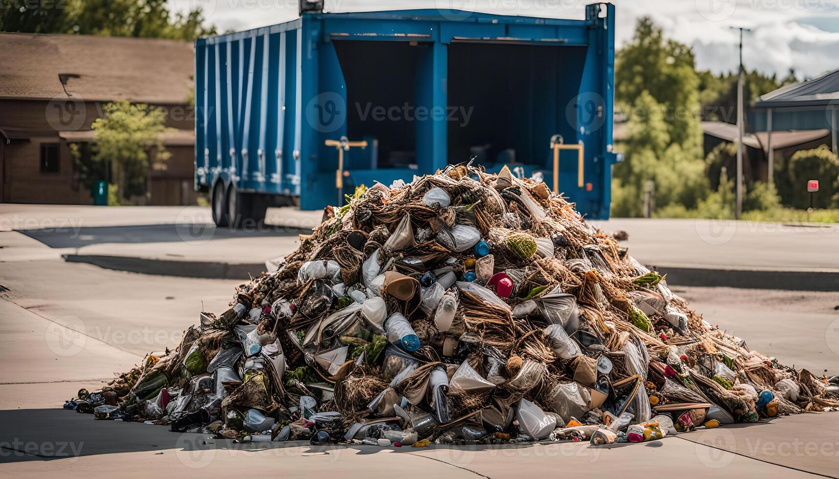 Garbage Pile in Front of Waste Truck photo