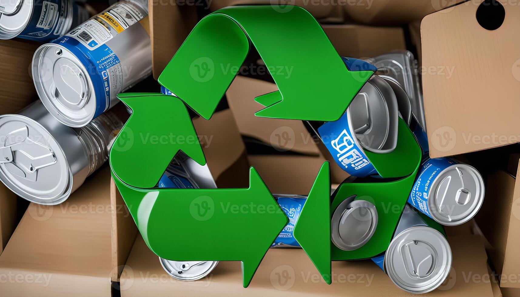 Green Recycling Symbol on Cardboard Boxes with Aluminum Cans photo
