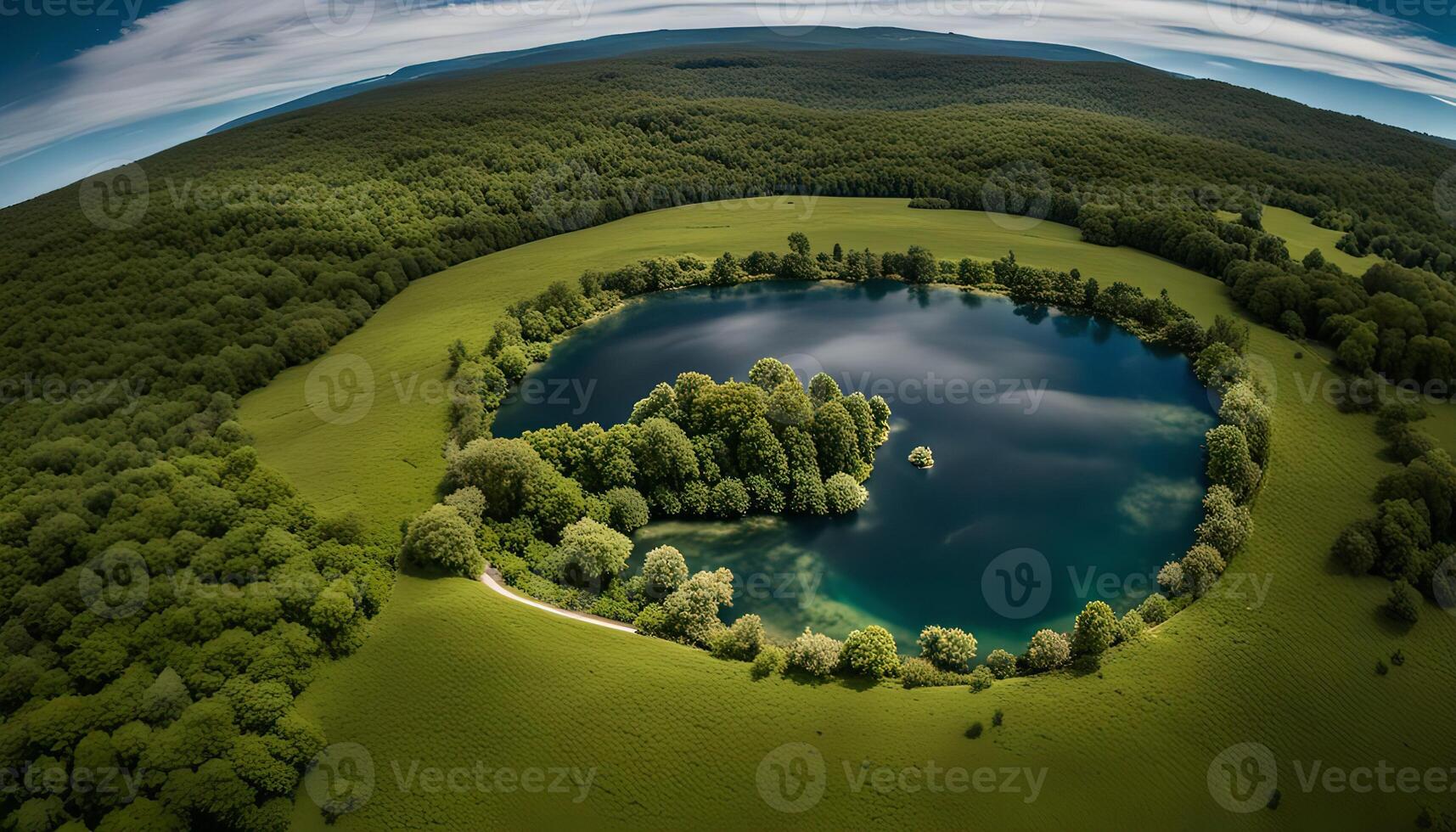 Aerial View of a Circular Lake Surrounded by Lush Forest photo