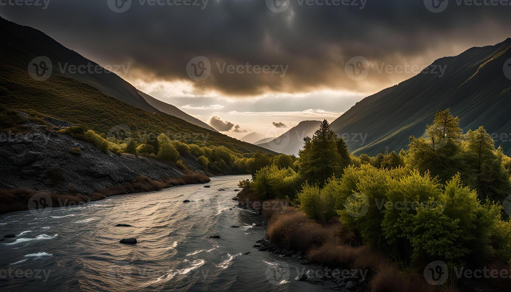 Serene River Flowing Through Majestic Mountains photo