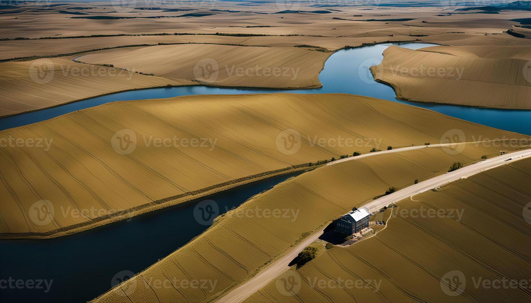 Aerial View of a River Winding Through Farmland photo