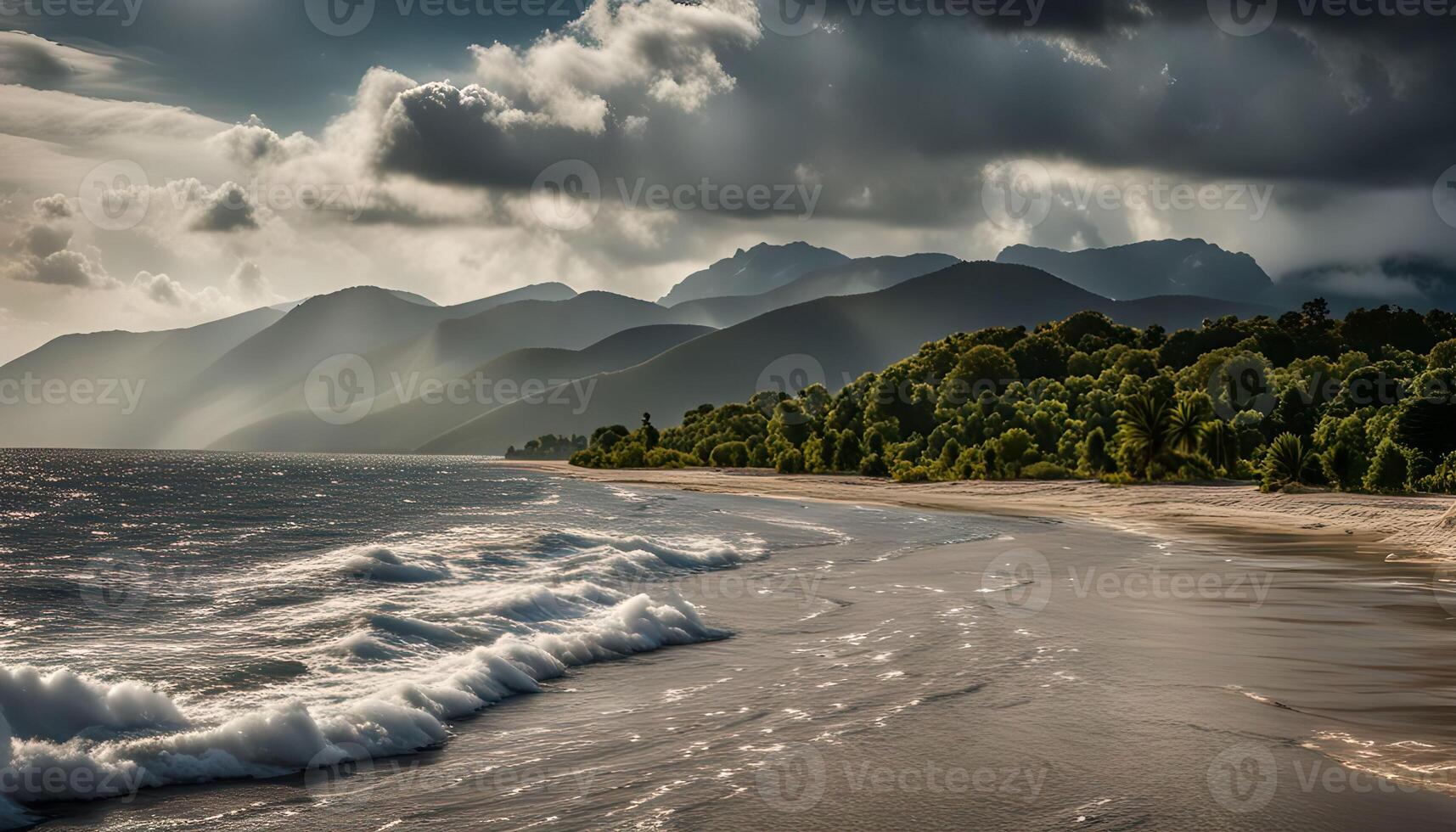 Tranquil Beachscape with Mountain Range photo