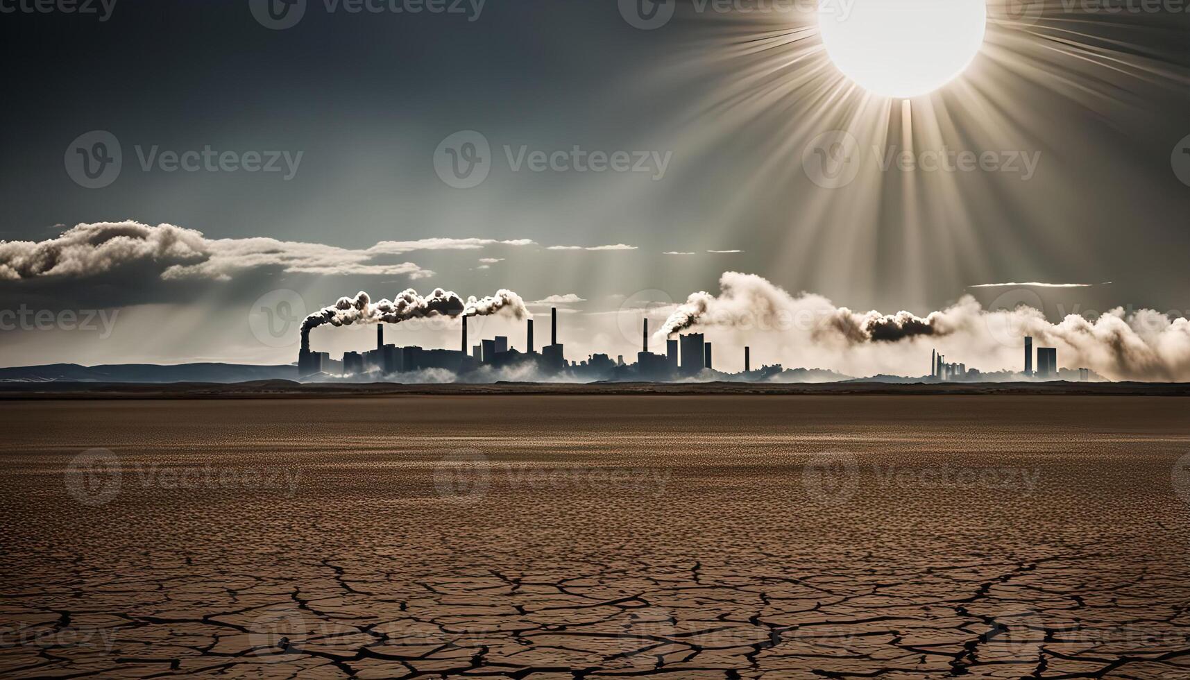 Industrial Landscape with Smoke and Sunbeams photo