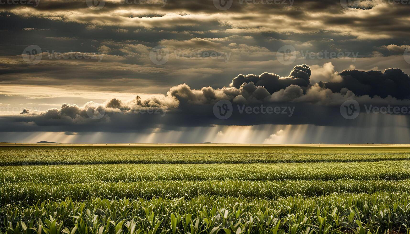 Sunbeams Through Dark Clouds Over a Field photo