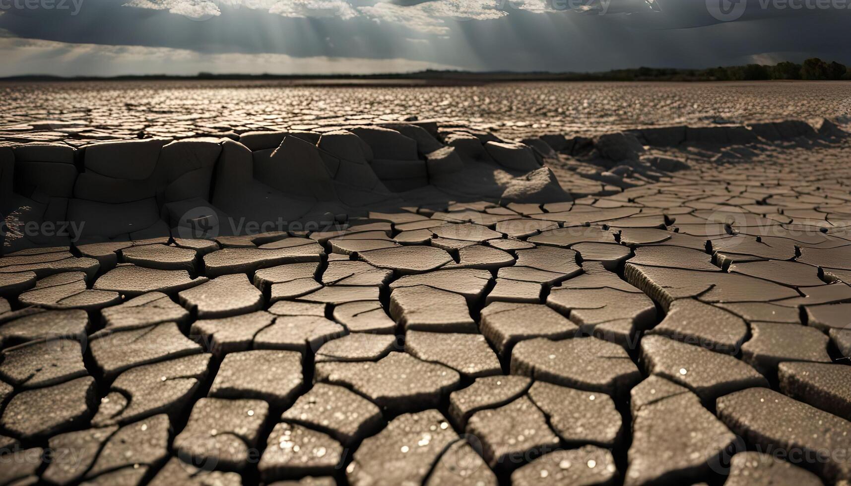 Dried-Up Earth A Cracked Landscape Under a Cloudy Sky photo