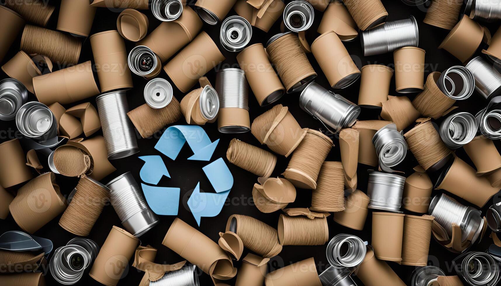 Recycle Symbol Surrounded by Cans and Cardboard photo