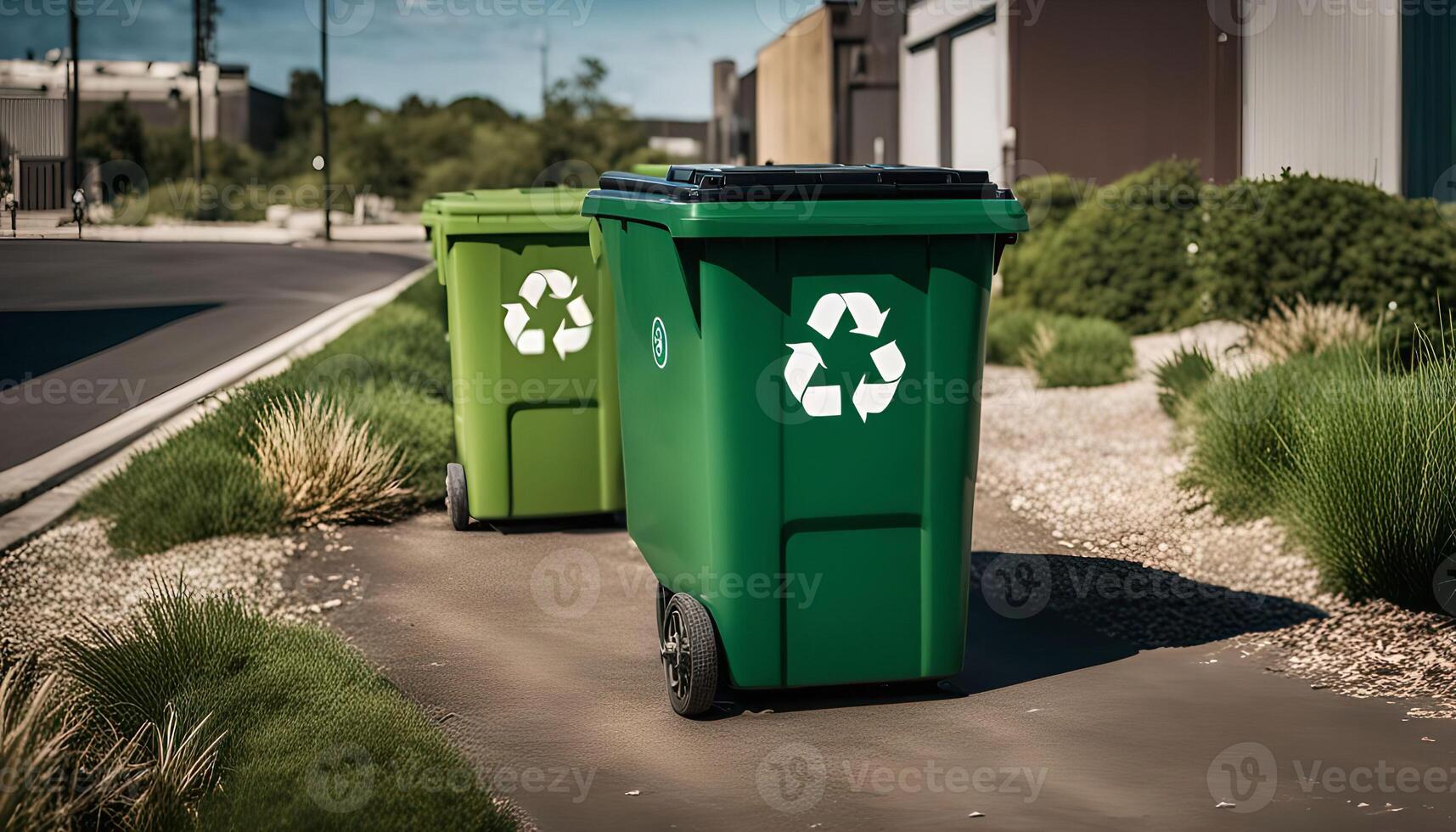 Green Recycling Bins on a Sidewalk photo