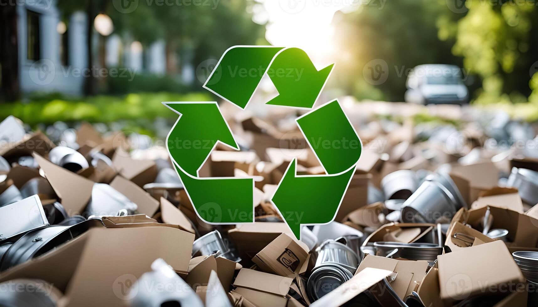 Recycle symbol on pile of cardboard and metal waste photo